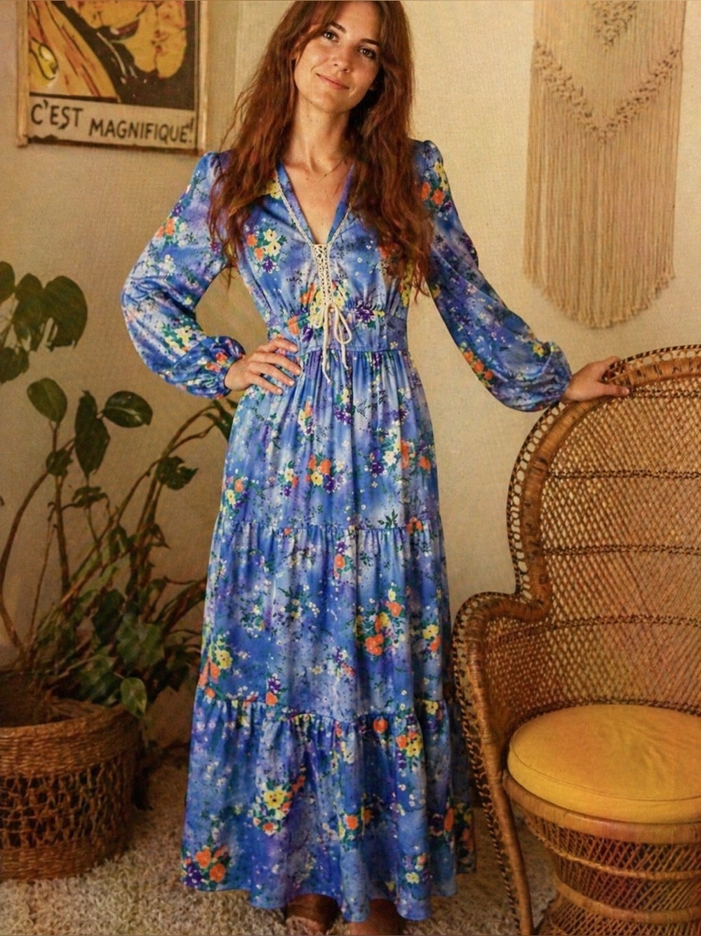Vintage 70s Floral Prairie Maxi Dress Small
